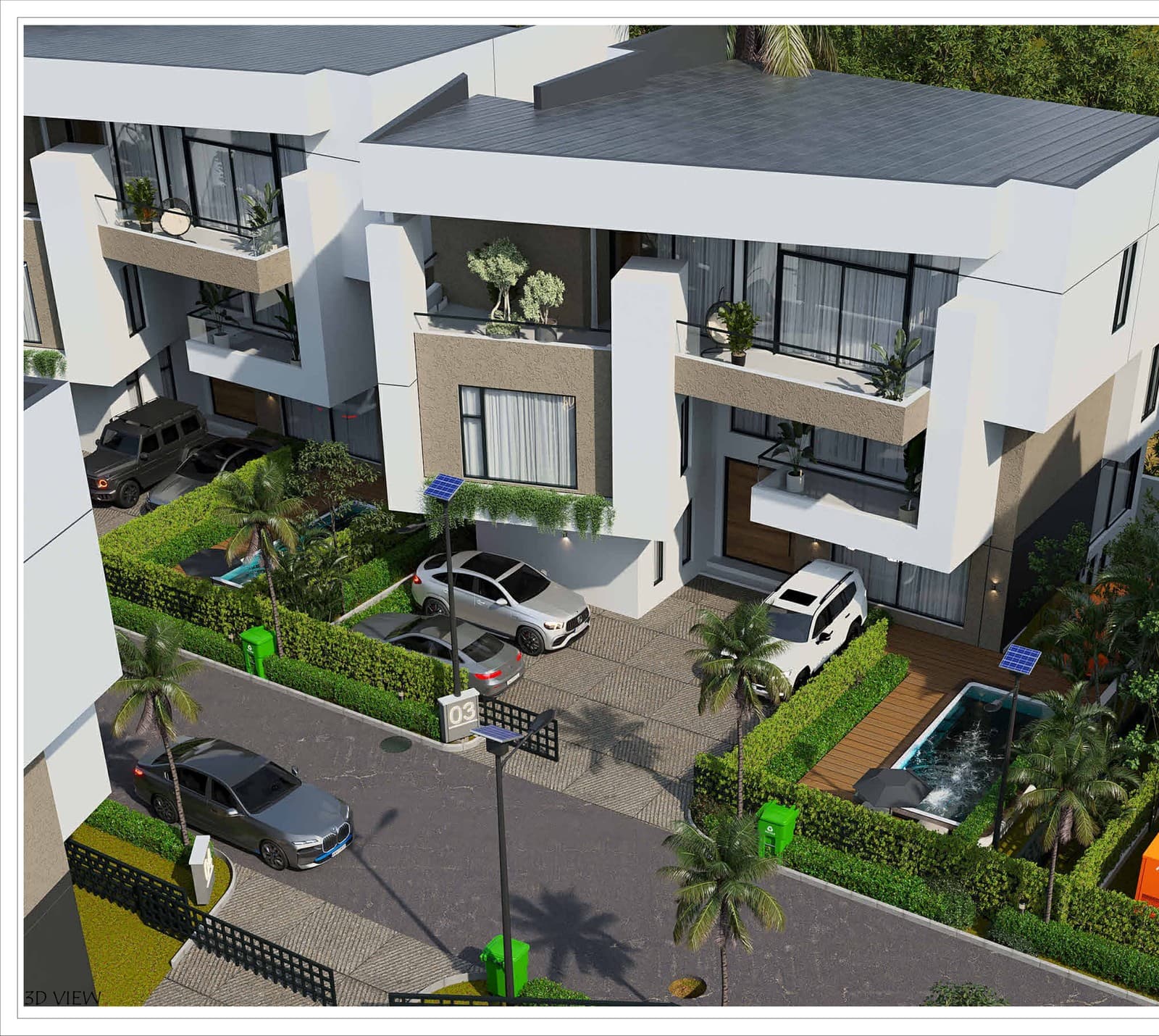Bird's-eye view — site and landscaping