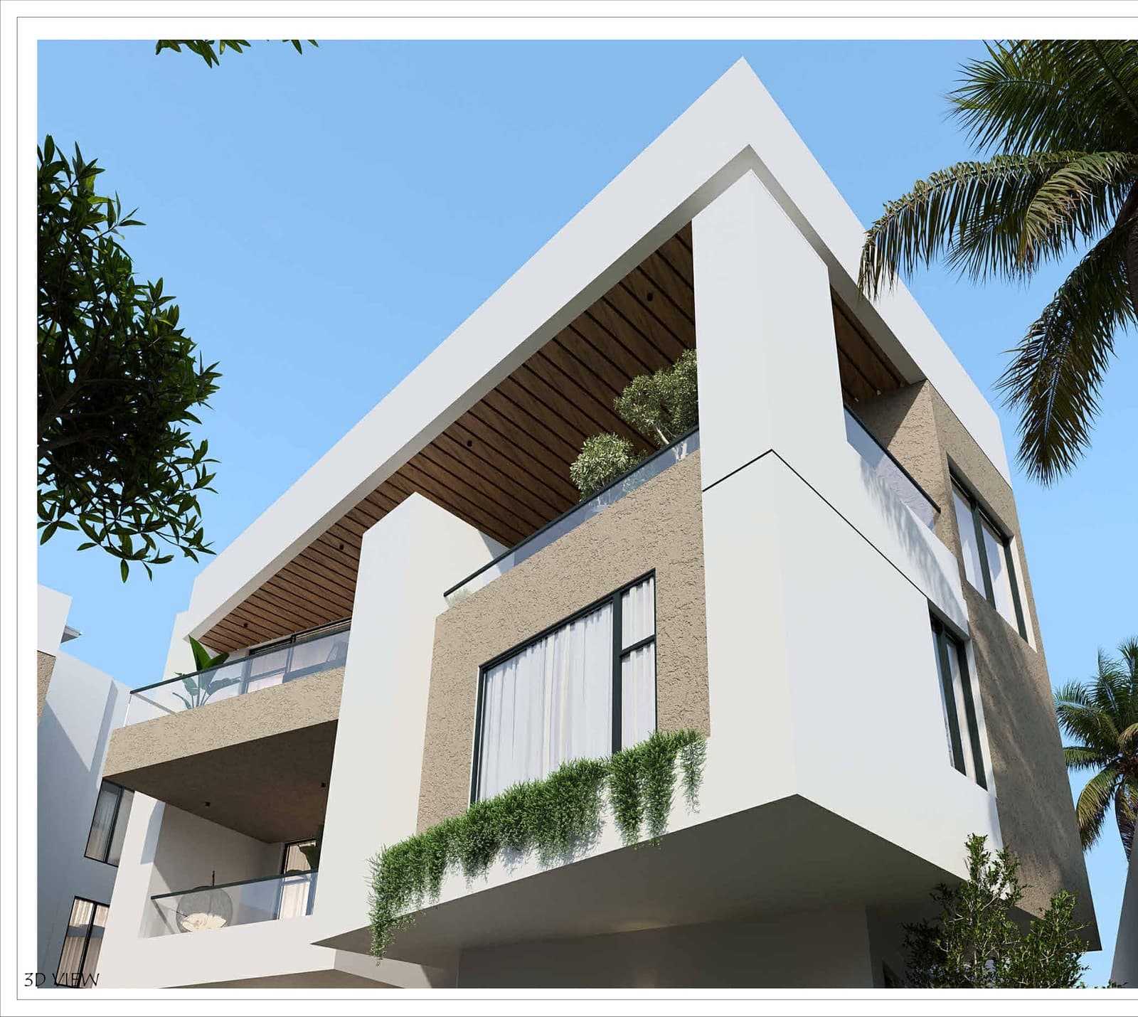 Upper-floor architectural detail — balcony and wood soffit